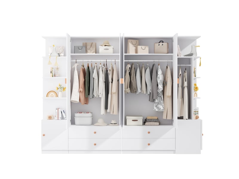 Armoire 6 portes tcqpz 270 x 45 x 200 cm 4 tiroirs 4 penderies mdf bois acier blanche - Conforama E