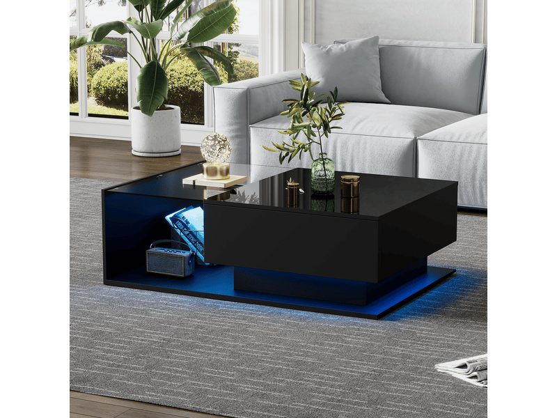  Table basse noire brillante 100x50x32 cm avec tiroir et plateau en verre, table de salon avec led bluetooth  - Conforama C