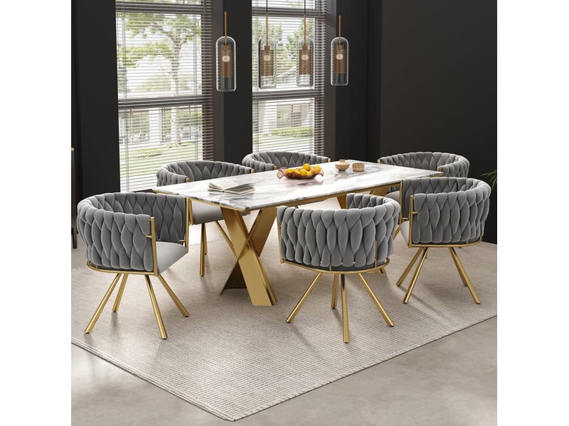  Lot de 4 chaises de salle à manger pivotantes à 360 degrés avec dossier incurvé en velours gris et doré  - Conforama E