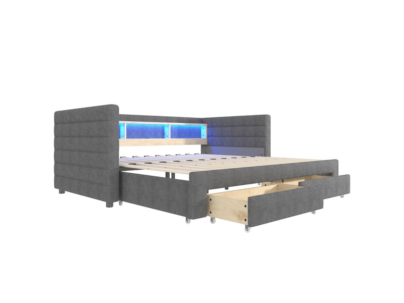  Lit de jour convertible, 90 × 190 cm, design multifonctionnel avec lit gigogne, ports usb et type-c, deux tiroirs, multiples compartiments de rangement, bande lumineuse led, sans matelas, velours, gris  - Conforama E