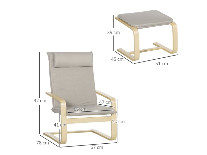  Fauteuil relax avec pouf et repose-pieds, en bois et tissu, avec appui-tête, 67 x 69 x 100 cm, gris  - Conforama E