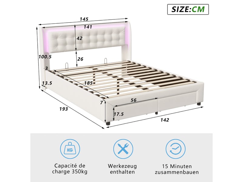  Lit coffre 140x190cm - lit double 140x190 - avec 2 tiroirs et tête de lit led rgb, rembourré en velours - style moderne - beige  - Conforama E