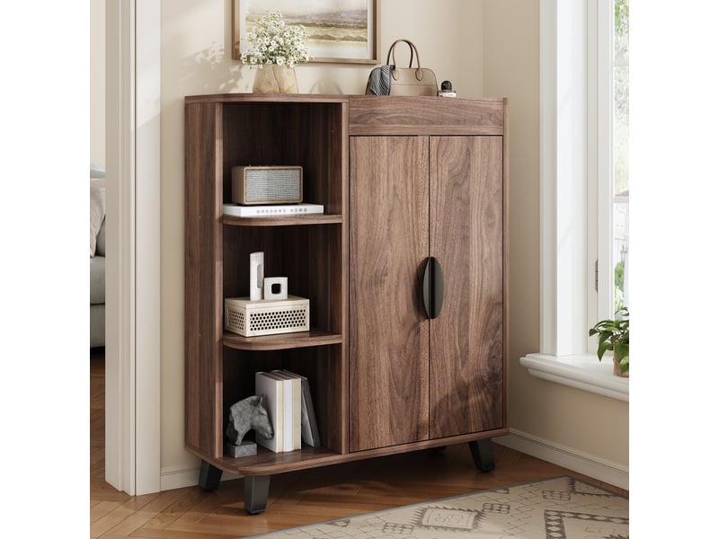  Meuble à chaussures 80x32x99 cm, étroit et haut, capacité rangement famille, portes doubles et compartiments ouverts, idéal couloir  - Conforama W