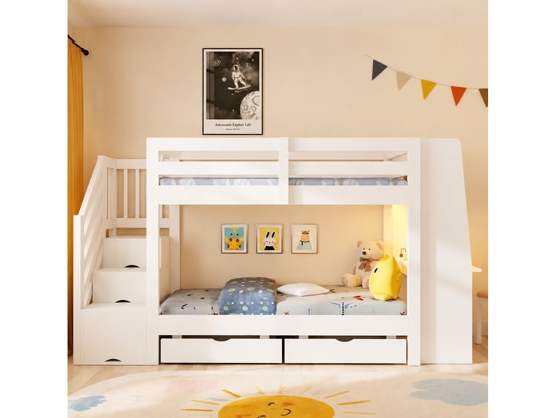 Lit mezzanine enfant 90x200 cm blanc en bois avec bureau, bibliothèque, led et rangements, sans matelas - Conforama E