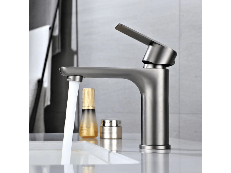 Robinet de lavabo à levier unique en acier inoxydable, robinet plat à trou unique en bronze plaqué gris - sans tuyau  - Conforama D