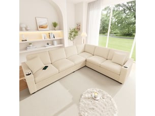Canapé d'angle l 277x215x85cm - 6 places - usbtype-c + porte-gobelets + modulable - velours côtelé - beige