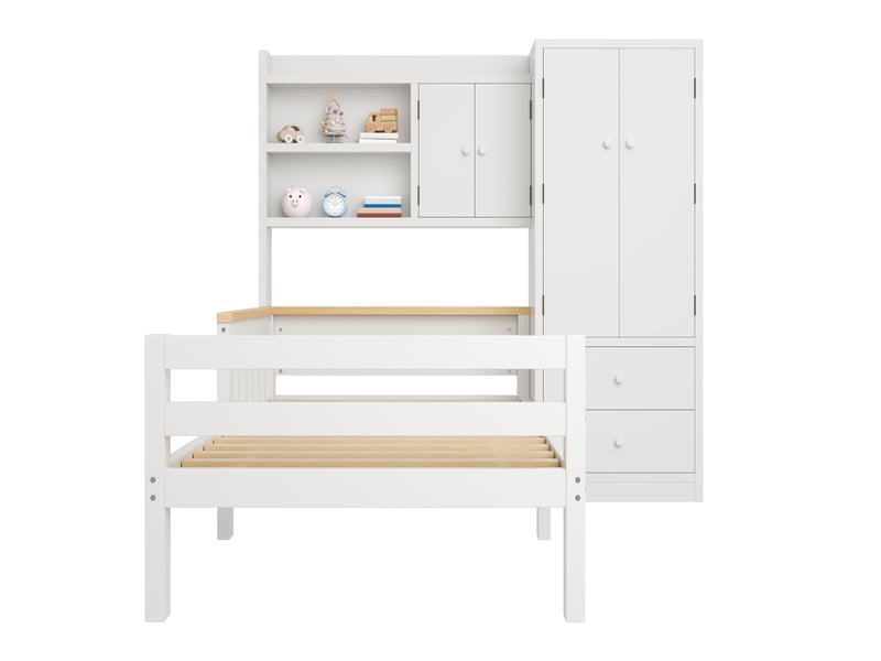  Lit enfant en bois massif, 90 x 200 cm, avec armoire, tiroirs et étagères ouvertes, lit multifonction gain de place, blanc  - Conforama A