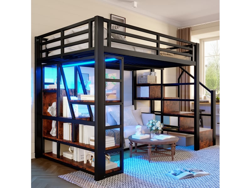  Lit mezzanine enfant 140x200 cm avec led, rangements et escalier noir  - Conforama E