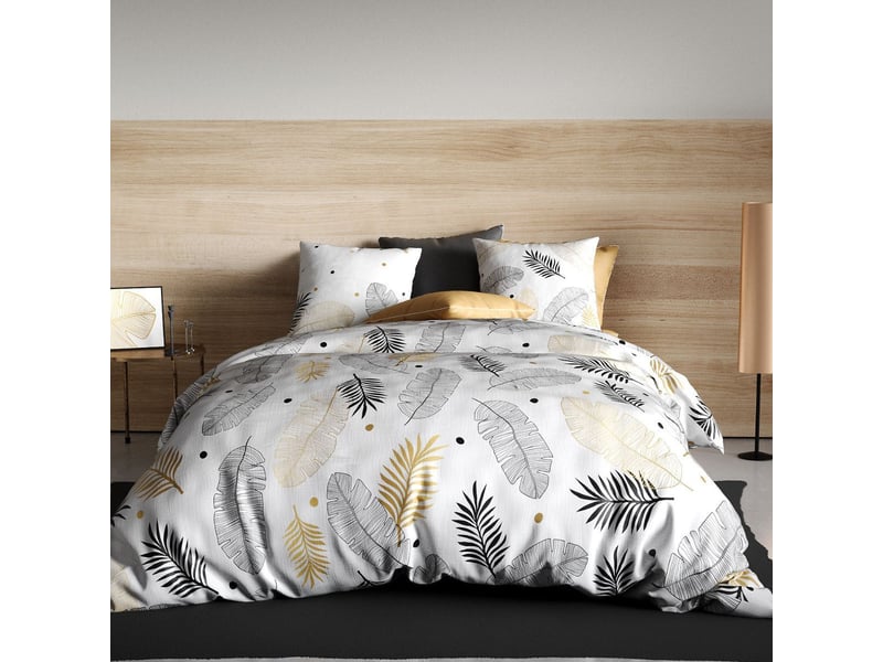  Parure housse de couette 240x220cm + 2 taies motif feuillage blanc, noir et or 100% coton - volkia VOLKIA - Conforama A