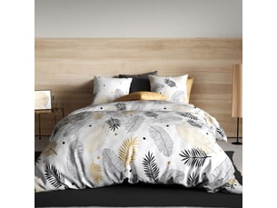 Parure housse de couette 240x220cm + 2 taies motif feuillage blanc, noir et or 100% coton - volkia