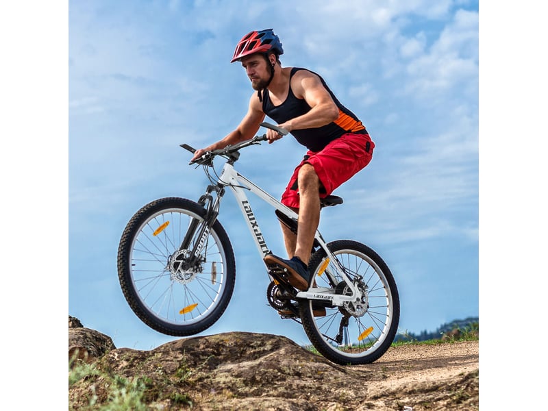  Vtt mixte 28 pouces – blanc – acier, 21 vitesses shimano tourney, freins à disque et fourche suspendue  - Conforama D