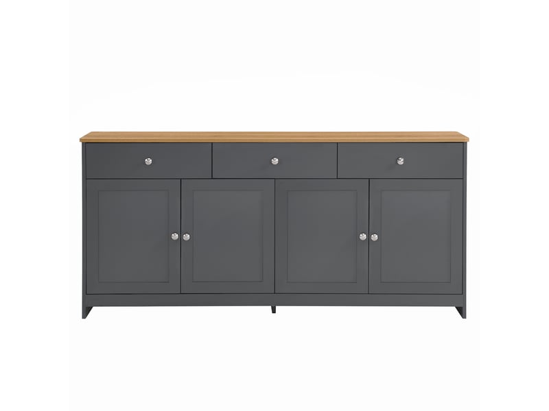 Buffet bas 160x75x37 cm, meuble de rangement salle à manger avec 4 portes et 3 tiroirs, couleur gris noir et effet bois - Conforama A
