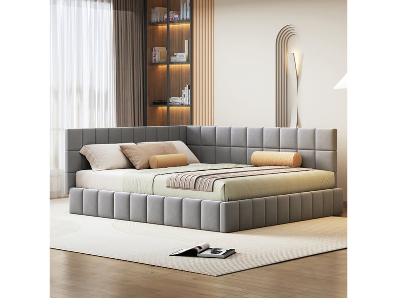 Lit banquette enfant rembourré 160 x 200 cm avec sommier à lattes, velours, gris Fay Lum - Conforama B