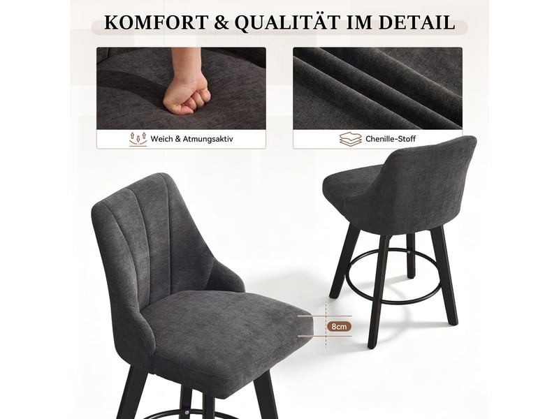  Lot de 2 tabourets de bar pivotants,avec dossier et repose-pieds,chenille,gris  - Conforama D
