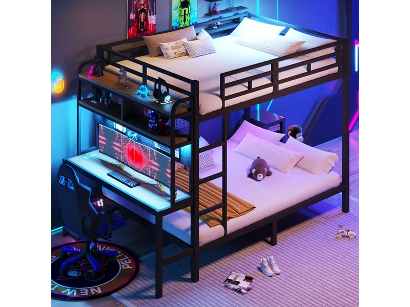  Lit superposé 140x200, garde-corps haut sécurité lit superposé, structure métal robuste, bureau intégré, rangement intégré, led, ports usb  - Conforama B