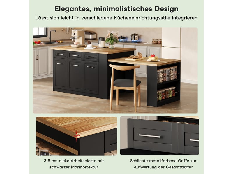 Îlot de cuisine 150 × 90 × 90 cm noir et naturel, mdf, plateau effet bois, table extensible 96 cm et nombreux rangements - Conforama C