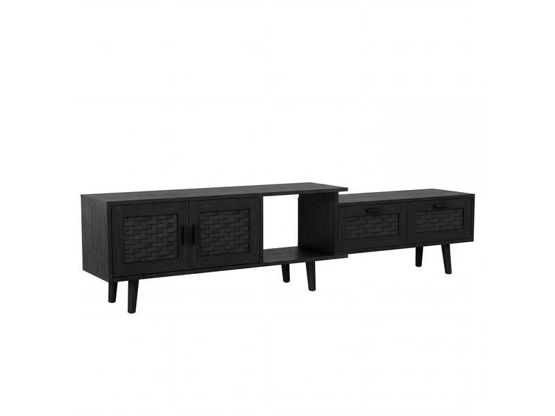  Meuble tv extensible - facade en rotinbois 115-169x30x44cm - grand rangement - style bohème &amp; naturel - noir  - Conforama A
