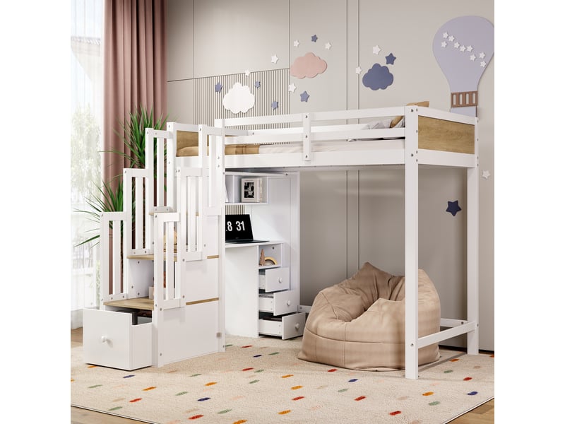 Lit mezzanine 90x200 cm - avec rangement - en bois - bicolore CARDUME ESTIVAL - Conforama E