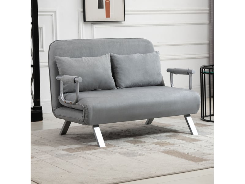 Canapé convertible 2 places avec dossier réglable à 5 positions, coussins et structure métallique en polyester gris clair - Conforama B