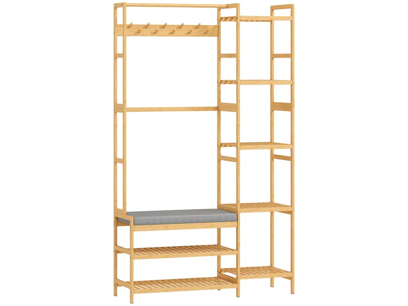  Meuble d'entrée en bambou, vestiaire d'entrée, banc, assise rembourrée, 10 crochets, tringle, 104x33x175cm, naturel  - Conforama A