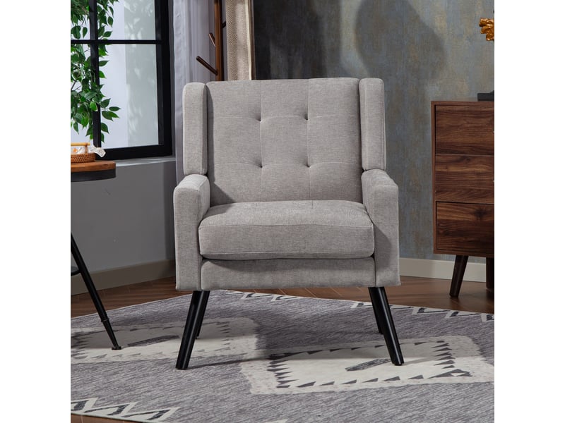  Fauteuil d'accent  68x76x88cm – style mid-century modern - avec assise rembourrée capitonnée et pieds en bois massif – lin - gris  - Conforama D