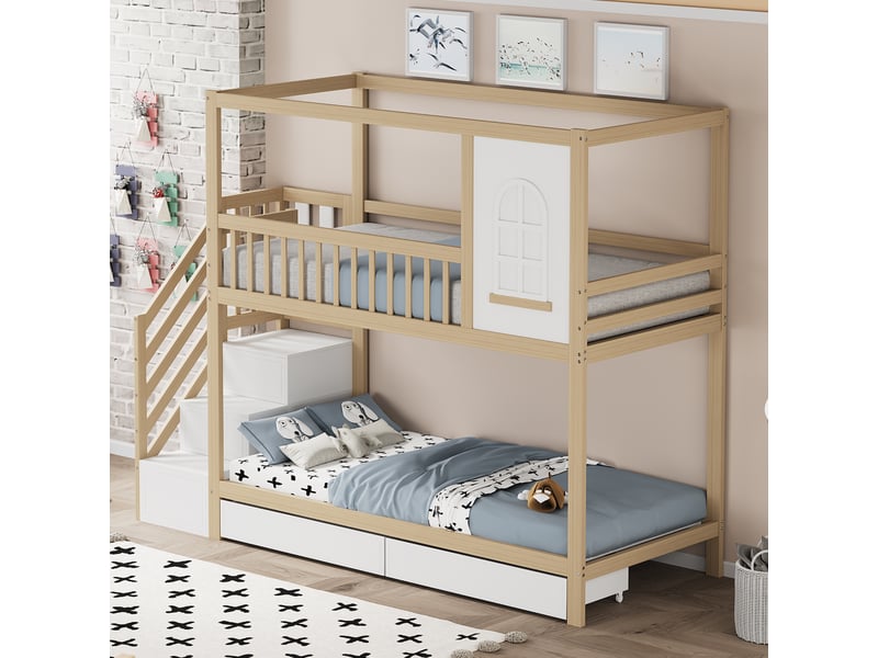  Lit superposé enfant 90*200cm en bois massif, coloris bois naturel, avec tiroirs et échelle de sécurité.  - Conforama C