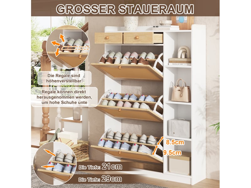  Meuble à chaussures 90x24x130 cm avec 3 abattants, 2 tiroirs blanc et naturel  - Conforama E