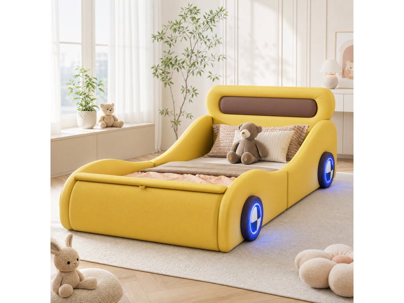  Lit enfant 90x200 cm roues lumineuses et rangement en pu jaune  - Conforama B