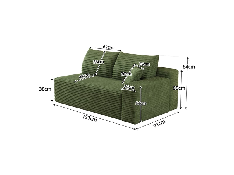 Canapé 2 places vert moderne, petit canapé droit compact pour salon et studio, module canapé vert 151 cm - Conforama W