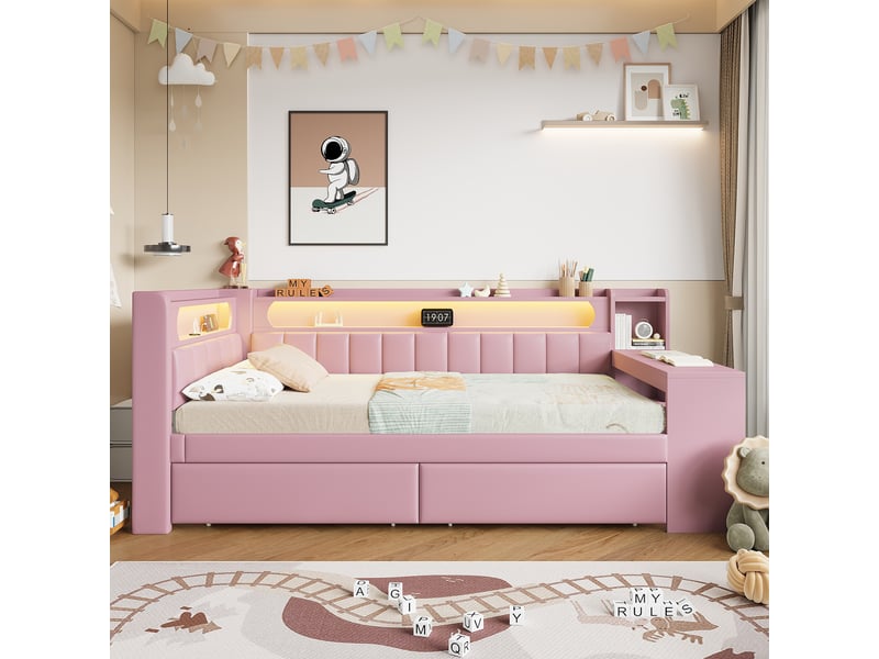  Lit avec rangement 90x200 cm coloris rose led mdf lit enfant rose - Conforama D