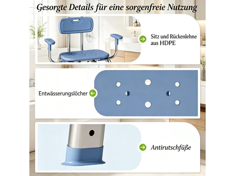  Chaise de douche réglable 60-70 x 52 x 62-72 cm bleue, aluminium et hdpe, avec dossier et accoudoirs  - Conforama E
