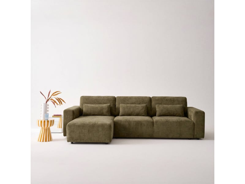 Canapé d'angle convertible réversible 3 places tissu chenille avec coffre de rangement kaki - theo - Conforama B