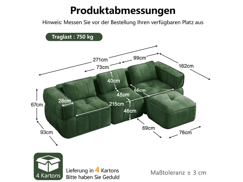  Canapé d'angle modulable 3 places sans cadre avec pouf, en polyester vert  - Conforama C
