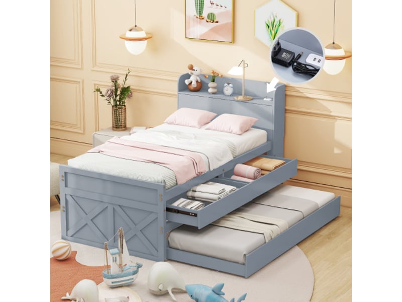 Lit enfant 90x190cm, lit gigogne avec 2 tiroirs et tête de lit de rangement, usb et sommiers, gris, sans matelas - Conforama C