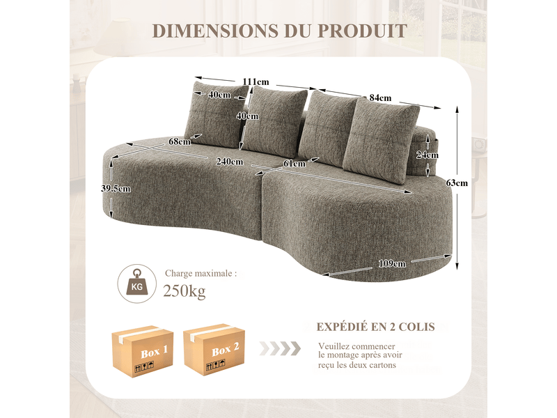  Canapé droit fixe en lin kaki 240 x 109 x 63 cm, 4 places, 4 coussins, porte-gobelets et poches latérales, salon 240x109x63cm - Conforama C