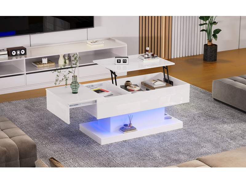  Table basse plateau relevable, table basse avec led et rangement, 100x50x45 cm, panneaux de particules, table basse blanc laqué.  - Conforama B