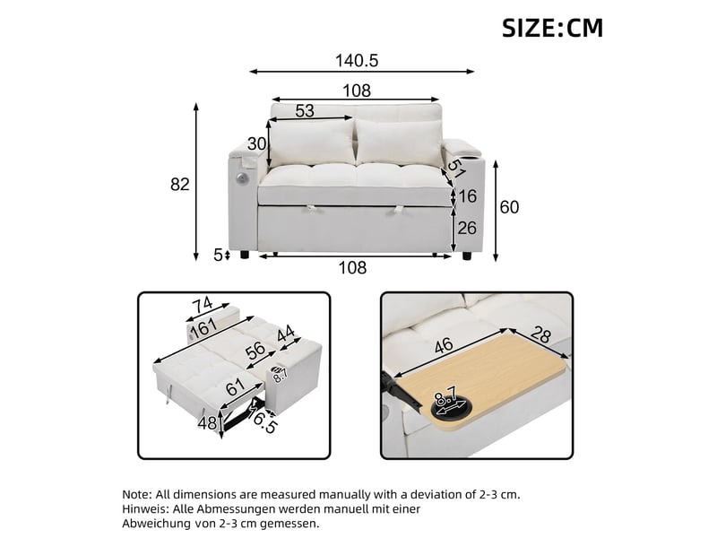  Canapé-lit convertible modenvie 2 places 140,5 x 74 x 82 cm dossier réglable usb et usb type-c beige  - Conforama C