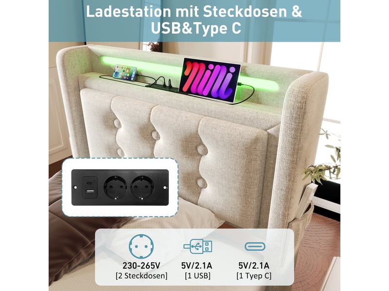  Lit simple rembourré 90x200, tête de lit led et usb-c, sommier lattes bois, cadre métal, 150 kg, beige, coton, avec matelas  - Conforama E