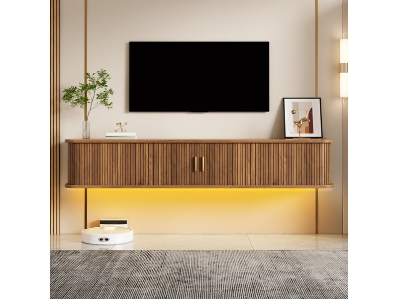  Meuble tv 175x30x30 cm, suspendu, extensible, éclairage led, commande par application, 1 tiroir, grand rangement pour salon - noyer  - Conforama D