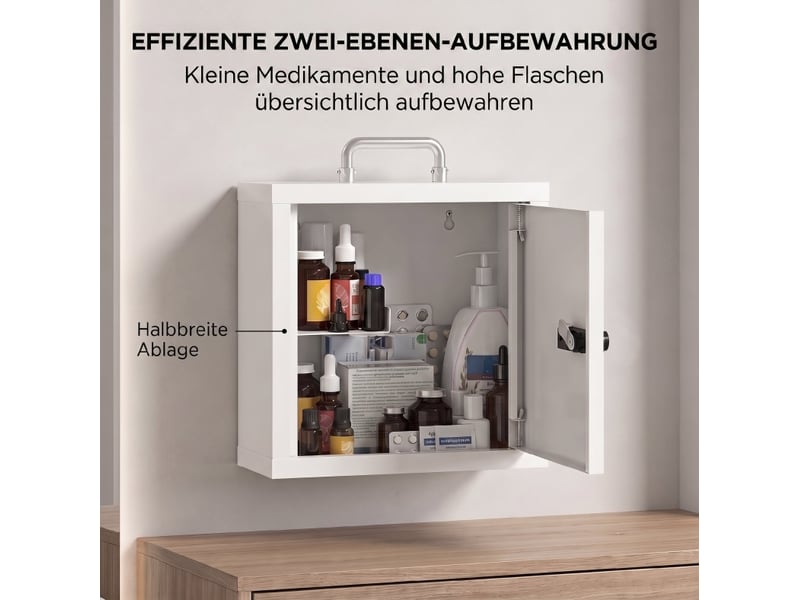 Armoire à pharmacie murale 30 x 14 x 30 cm – blanc – serrure à code, 2 niveaux et poignée de transport - Conforama D
