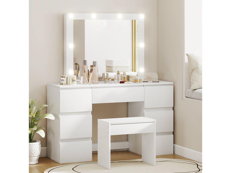  Coiffeuse style hollywood avec miroir, 8 lumières led, 7 tiroirs et tabouret rembourré, blanche  - Conforama C