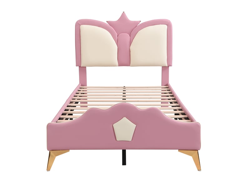  Lit enfant simple princesse 90x200 cm tête couronne bords mousse pieds dorés pu rose et blanc sans matelas  - Conforama A