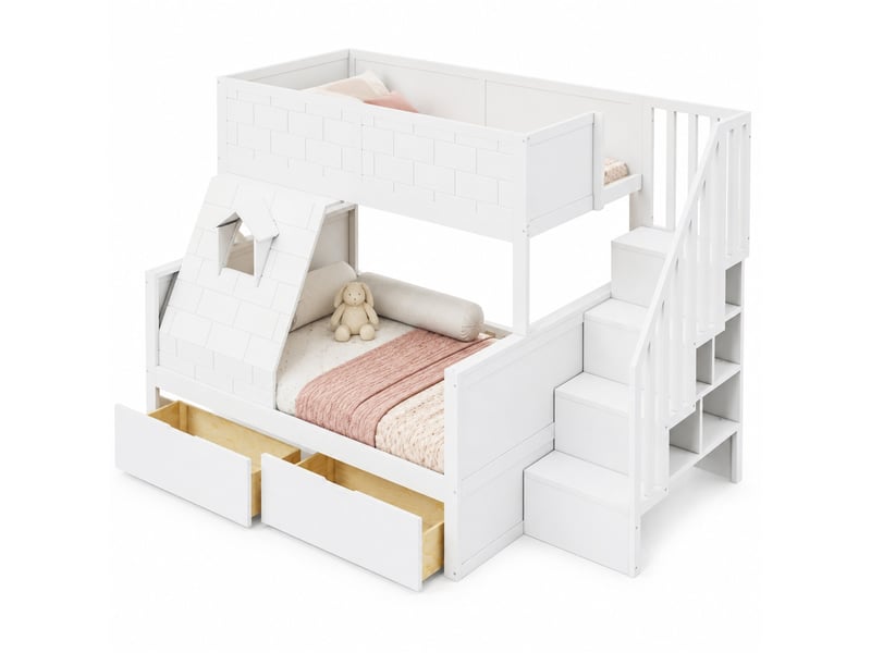 Lit superposé enfant 90x200 140x200 cm, 2 tiroirs, fenêtre, barrière de sécurité, escalier avec rangement, bois et mdf blanc - Conforama A
