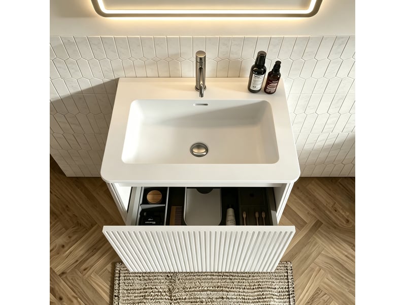 Meuble vasque mural blanc 61 cm avec tiroir strié, miroir led réglable anti-buée 60 x 80 cm, livré prémonté - Conforama D