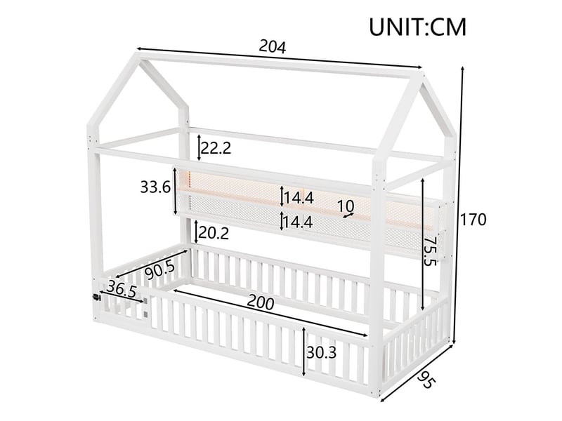 Lit cabane design maison 90x200 avec barrière sécurité éclairage led blanc  - Conforama C