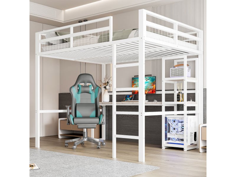  Lit mezzanine avec escalier 140x200cm cadre en fer avec bureau, prises usb type-c, étagères, rampe et échelle  - Conforama B