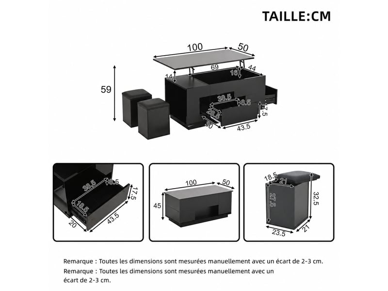 Table basse relevable avec led – 100 x 50 x 45 cm – 2 tiroirs et 2 tabourets – noir  - Conforama D
