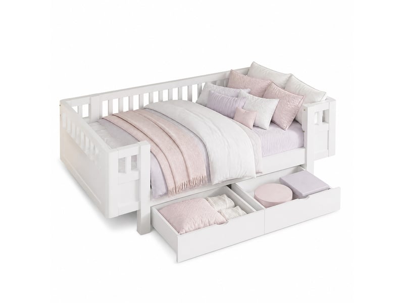 Lit plateforme 90x200 cm barrières hautes, 2 tiroirs, sommier à lattes, bois et mdf, blanc, sans matelas - Conforama A