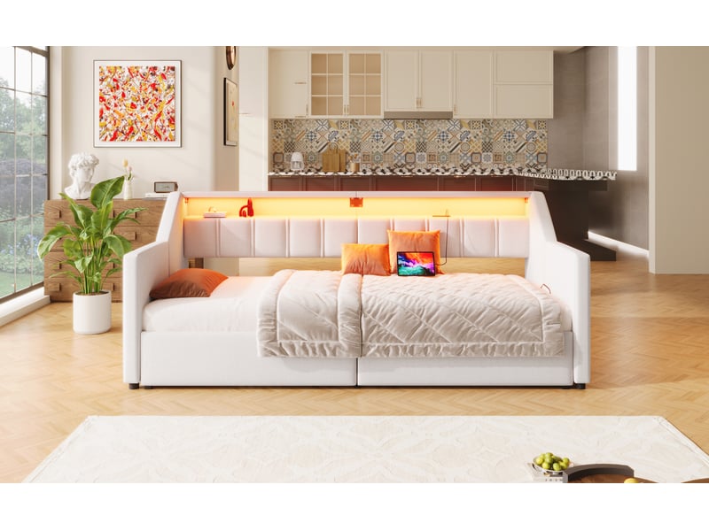  Lit capitonné lit double, 140x200cm,avec balustrade de protection,avec led, lin, beige  - Conforama B