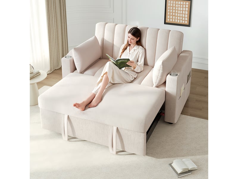  Canapé convertible 2 places avec dossier réglable, porte-gobelets et 2 coussins, canapé-lit multifonction - beige  - Conforama B
